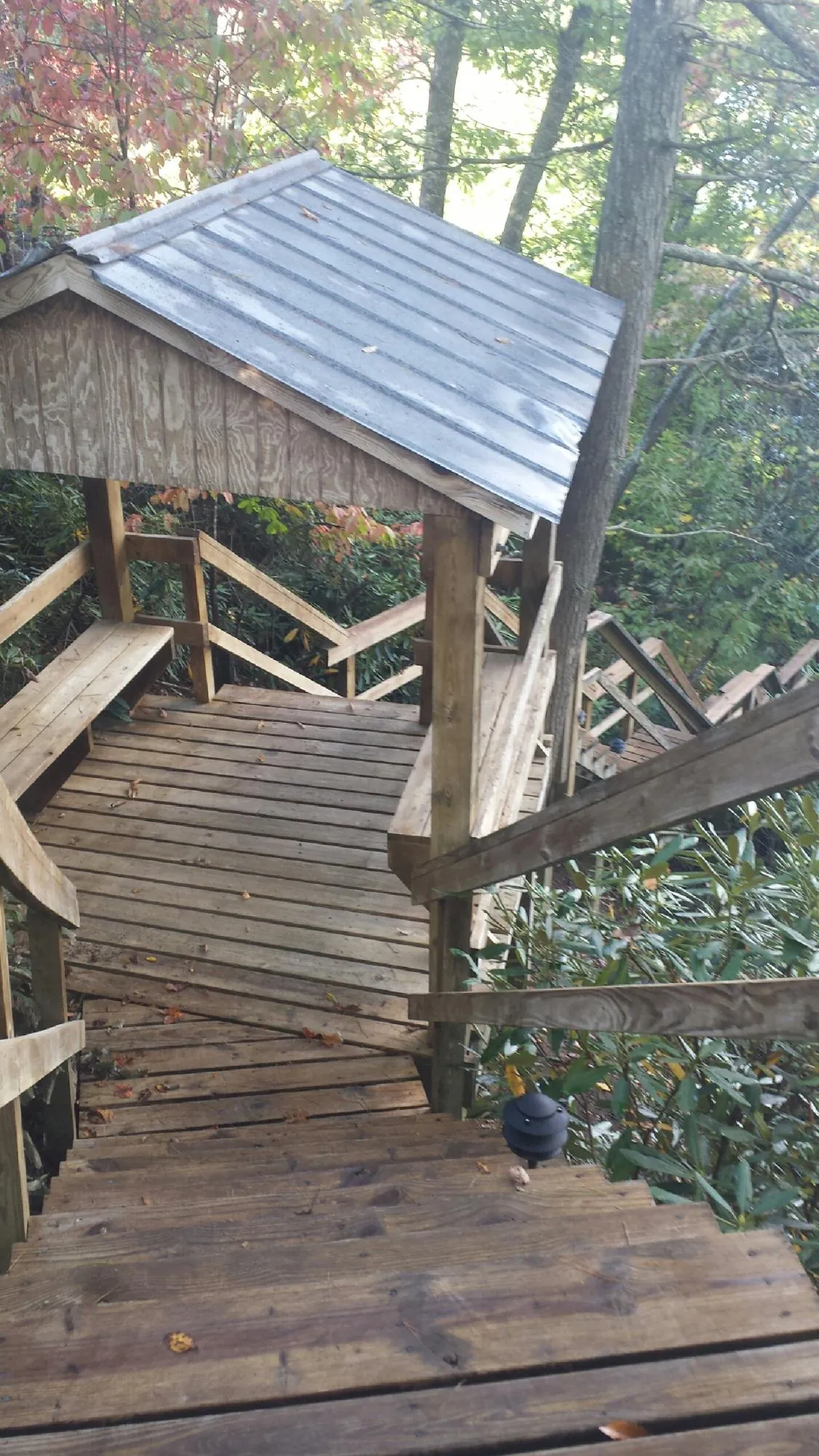 Metal roofed shelter over wooden steps on a wooded walkway — Skylight Repair & Installation work by our crew in Turbeville
